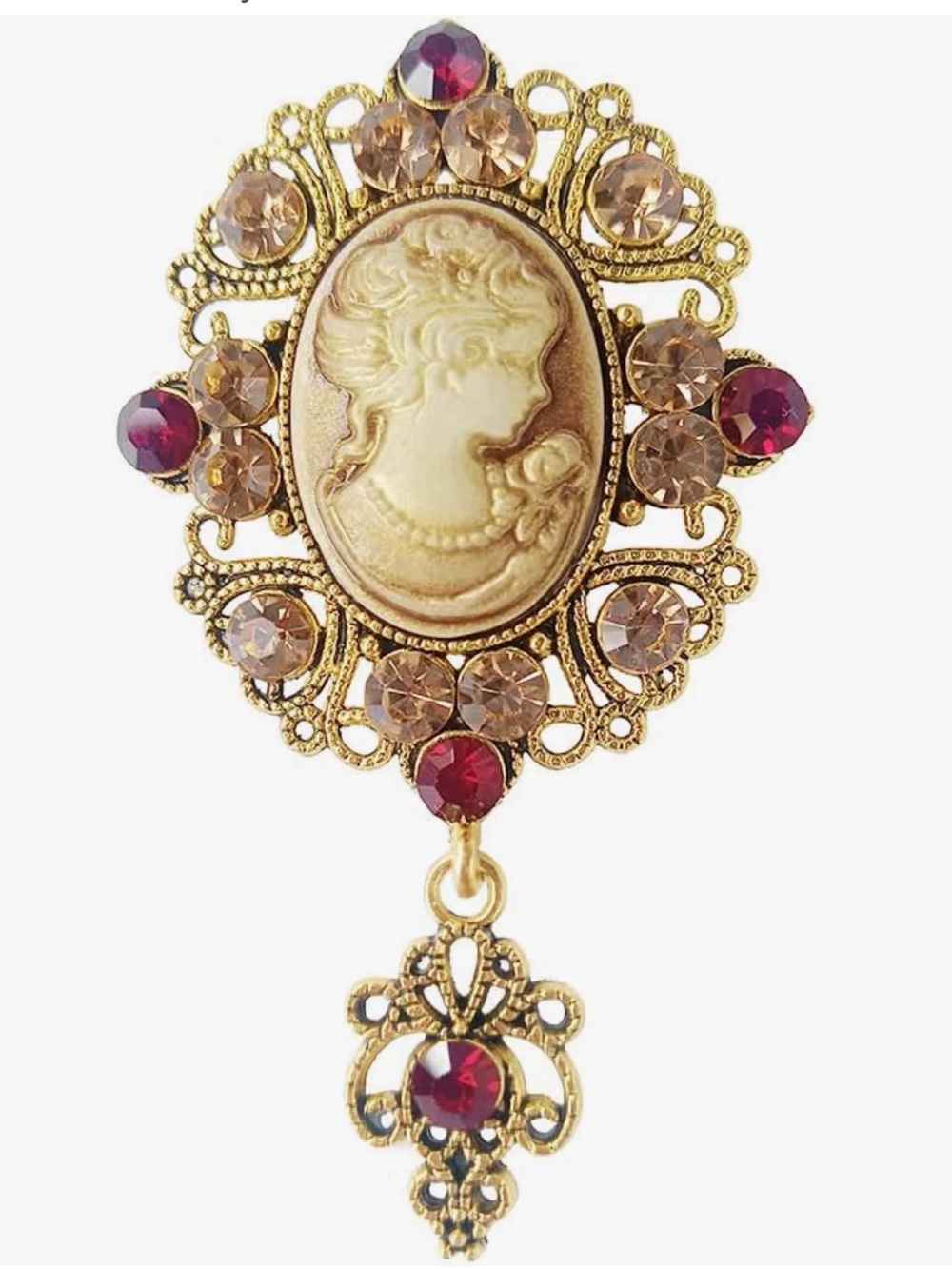 Vintage-Inspired Gold Cameo Brooch with Burgundy Accents